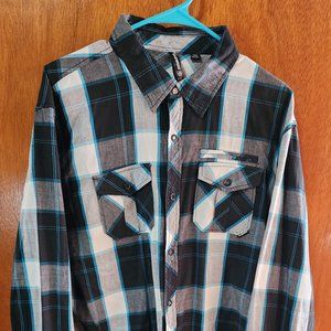 Men's Large Ocean Current Black/Blue Long Sleeve Snap Down Shirt